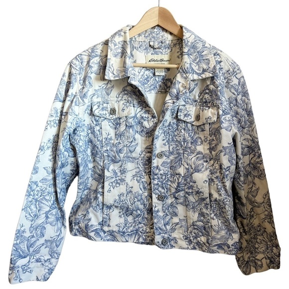 EDDIE Bauer Vintage 90s Wedgewood Floral Rigid Denim Jacket Large - Picture 3 of 10